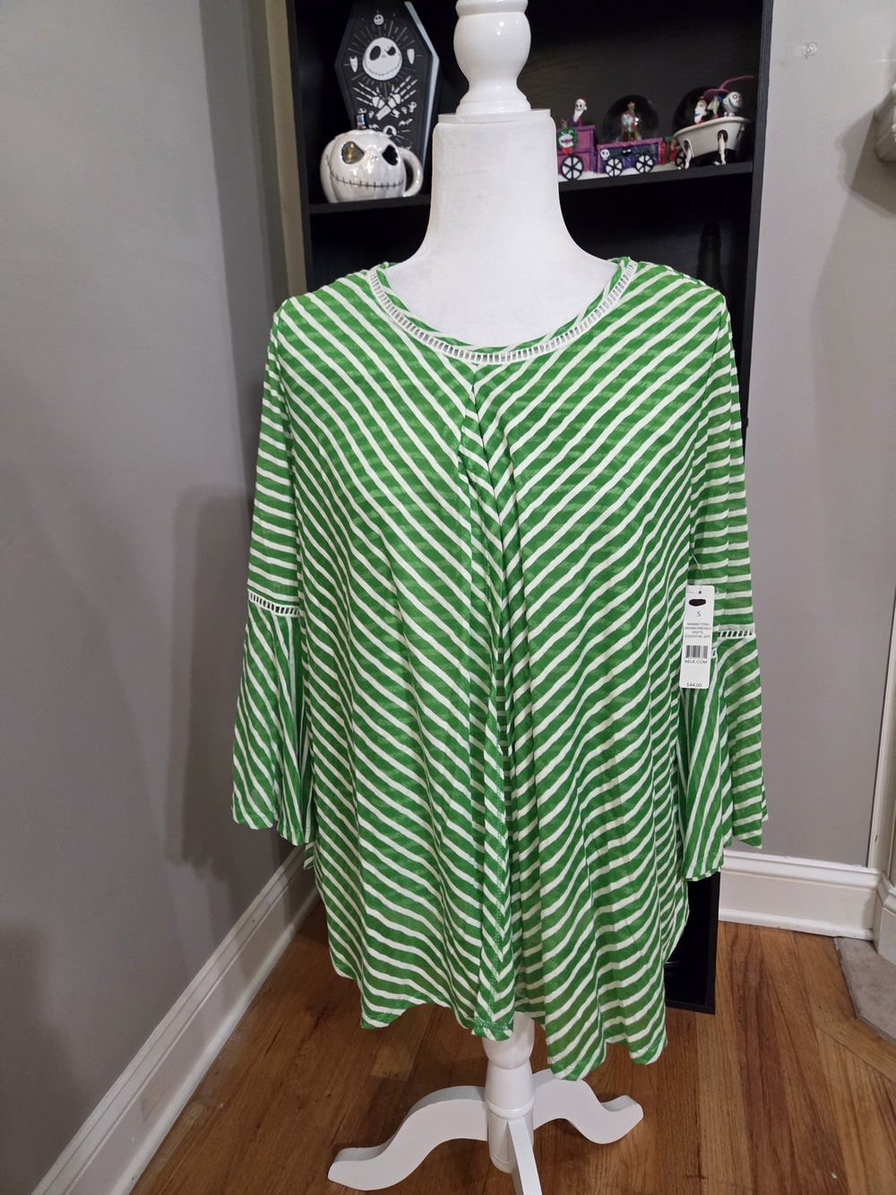 belk Green and White Striped Flared-Sleeve Tunic